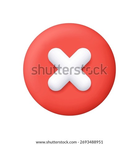 White cross on red circle button. Close, delete, error, cancel and delete symbol. User interface and notification concept. 3d vector icon. Cartoon minimal style.