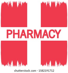 White cross on a red, hatched background. Pharmacy.