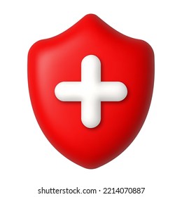 White cross on red shield 3d icon. Medicine and healthcare concept. 3d realistic design element. Vector illustration.