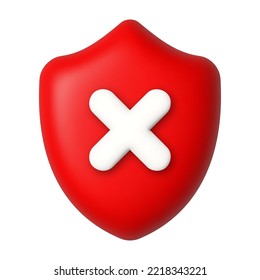 White cross on a red shield. Cancel and unprotected concept. 3d realistic design element. Vector illustration.
