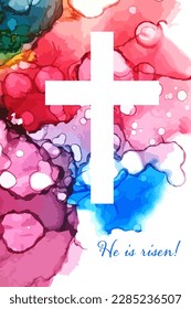 White cross on a watercolor beautiful background. He is risen. Happy easter. CultureOfFaith. Vector illustration
