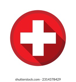 Cruz blanca en un círculo rojo. Icono de primeros auxilios. Ilustración vectorial.