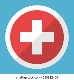 White cross in a red circle with a frame on blue background. Health, help and medical diagnostics concept. Flat design. Vector illustration. EPS 8, no transparency