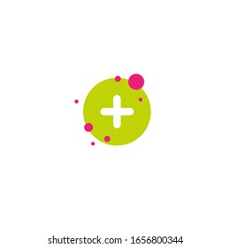 white cross with shadow in green circle with bubbles icon. Flat vector icon isolated on white.  Add or plus purchase pictogram.  Good for web and mobile design.