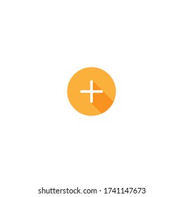 cruz blanca con sombra en círculo naranja. Icono de vector plano aislado en blanco.  Añadir o más pictograma de compra.  Bueno para diseño web y móvil.
