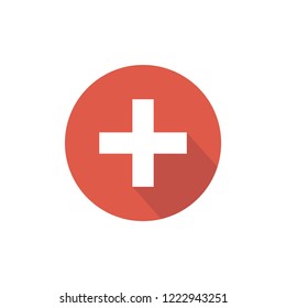 white cross with shadow in red circle. Flat vector icon isolated on white.  Add or plus purchase pictogram.  Good for web and mobile design.