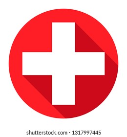 white cross sign on red circle background, icon or sign or symble, hospital concept, web icon ui, app or application icon ui