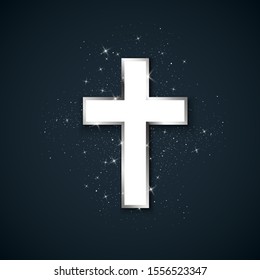 White Cross with silver stroke symbol of christianity. Holy metal cross on dark background. Symbol of hope and faith. Vector illustration