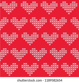White Cross stitch heart pattern. Vector on red background