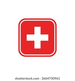 Un símbolo de cruz blanca se centra dentro de un cuadrado rojo con esquinas redondeadas, que comúnmente representa la ayuda médica o los servicios de emergencia.