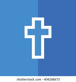 White cross symbol vector icon. Blue background