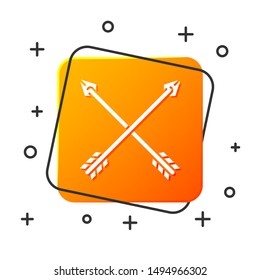 White Crossed arrows icon isolated on white background. Orange square button. Vector Illustration