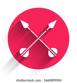 White Crossed arrows icon isolated with long shadow. Red circle button. Vector Illustration