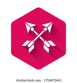White Crossed arrows icon isolated with long shadow. Pink hexagon button. Vector Illustration
