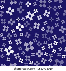 White Crossed bandage plaster icon isolated seamless pattern on blue background. Medical plaster, adhesive bandage, flexible fabric bandage.  Vector Illustration