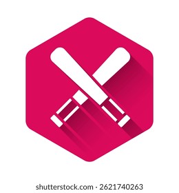 White Crossed baseball bat icon isolated with long shadow background. Pink hexagon button. Vector