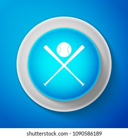 White Crossed baseball bats and ball icon isolated on blue background. Circle blue button with white line. Vector Illustration