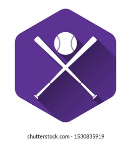 White Crossed baseball bats and ball icon isolated with long shadow. Purple hexagon button. Vector Illustration