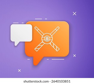 White Crossed billiard cues and ball icon isolated on purple background. Orange speech bubble symbol. Vector