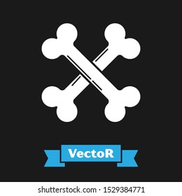White Crossed bones icon isolated on black background. Pets food symbol. Happy Halloween party.  Vector Illustration