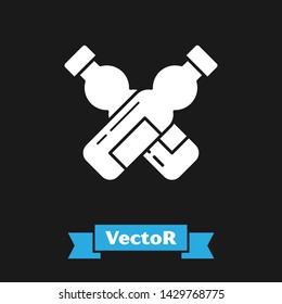 White Crossed bottle of water icon isolated on black background. Soda aqua drink sign.  Vector Illustration