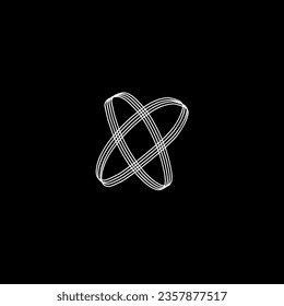 White crossed elliptical lines logo isolated on black background.