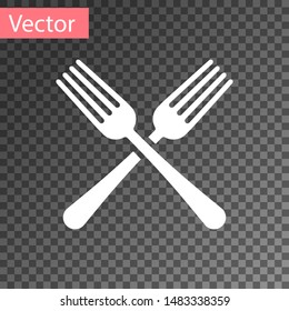 White Crossed fork icon isolated on transparent background. Cutlery symbol.  Vector Illustration