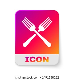 White Crossed fork icon isolated on white background. Cutlery symbol. Rectangle color button. Vector Illustration