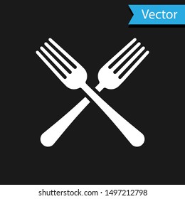 White Crossed fork icon isolated on black background. Cutlery symbol.  Vector Illustration