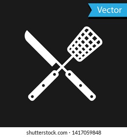 White Crossed fork and knife icon isolated on black background. BBQ fork and knife sign. Barbecue and grill tools. Vector Illustration