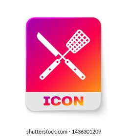 White Crossed fork and knife icon isolated on white background. BBQ fork and knife sign. Barbecue and grill tools. Rectangle color button. Vector Illustration