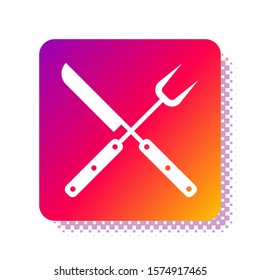 White Crossed fork and knife icon isolated on white background. BBQ fork and knife sign. Barbecue and grill tools. Square color button. Vector Illustration