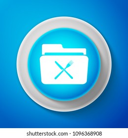White Crossed fork and knife over folder icon isolated on blue background. Circle blue button with white line. Vector Illustration