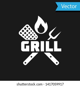 White Crossed fork and spatula icon isolated on black background. Fire flame sign. BBQ fork and spatula sign. Barbecue and grill tools. Vector Illustration