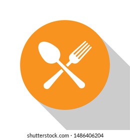 White Crossed fork and spoon icon isolated on white background. Cooking utensil. Cutlery sign. Orange circle button. Vector Illustration