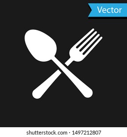 White Crossed fork and spoon icon isolated on black background. Cooking utensil. Cutlery sign.  Vector Illustration