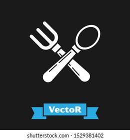 White Crossed fork and spoon icon isolated on black background. Cooking utensil. Cutlery sign.  Vector Illustration