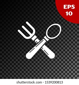 White Crossed fork and spoon icon isolated on transparent dark background. Cooking utensil. Cutlery sign.  Vector Illustration
