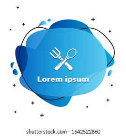 White Crossed fork and spoon icon isolated on white background. Cooking utensil. Cutlery sign. Abstract banner with liquid shapes. Vector Illustration