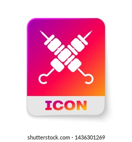 White Crossed grilled shish kebab on skewers stick icon isolated on white background. Meat kebab on skewers stick. Picnic with grill meat. Rectangle color button. Vector Illustration