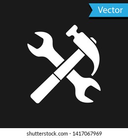 White Crossed hammer and wrench icon isolated on black background. Hardware tools.  Vector Illustration