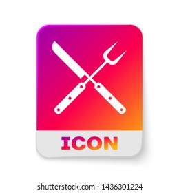 White Crossed knife and spatula icon isolated on white background. BBQ knife and spatula sign. Barbecue and grill tools. Rectangle color button. Vector Illustration