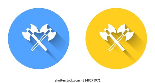 White Crossed medieval axes icon isolated with long shadow background. Battle axe, executioner axe. Medieval weapon. Circle button. Vector