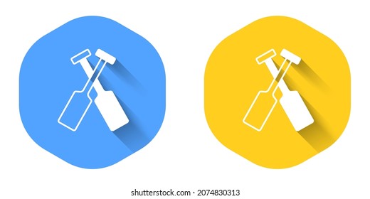 White Crossed oars or paddles boat icon isolated with long shadow background. Circle button. Vector