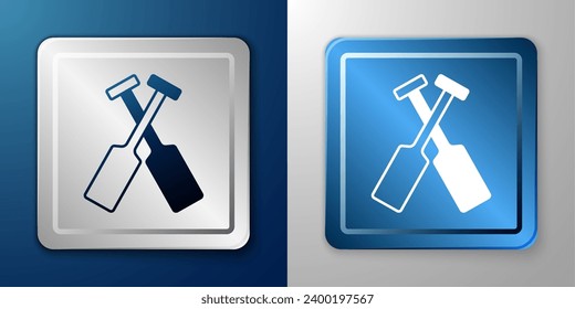 White Crossed oars or paddles boat icon isolated on blue and grey background. Silver and blue square button. Vector