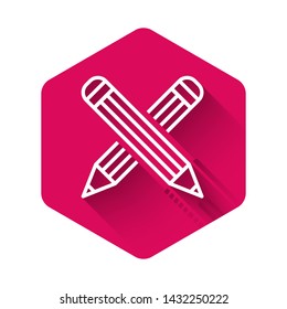 White Crossed pencil icon isolated with long shadow. Education sign. Drawing and educational tools. School office symbol. Pink hexagon button. Vector Illustration