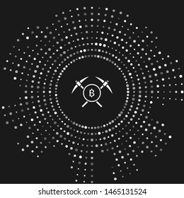 White Crossed pickaxe icon isolated on grey background. Blockchain technology, cryptocurrency mining, bitcoin, altcoins, digital money market. Abstract circle random dots. Vector Illustration