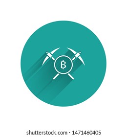 White Crossed pickaxe icon isolated with long shadow. Blockchain technology, cryptocurrency mining, bitcoin, altcoins, digital money market. Green circle button. Vector Illustration