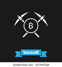 White Crossed pickaxe icon isolated on black background. Blockchain technology, cryptocurrency mining, bitcoin, altcoins, digital money market.  Vector Illustration