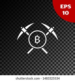 White Crossed pickaxe icon isolated on transparent dark background. Blockchain technology, cryptocurrency mining, bitcoin, altcoins, digital money market.  Vector Illustration